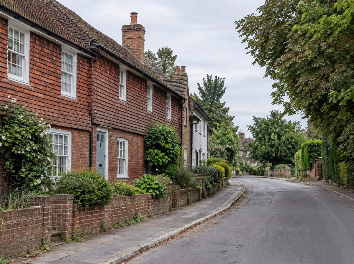 A quiet Surrey village street of tile-hung brick cottages with sage and blue doors