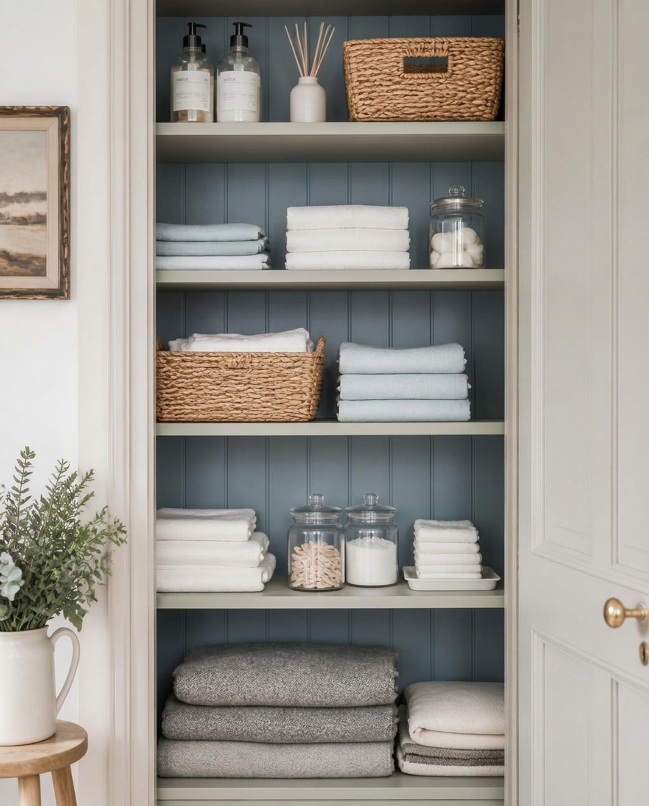 Neatly organised shelving with linen baskets and folded textiles